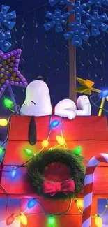 Snoopy sleeps atop a festive, lit doghouse with winter decorations.