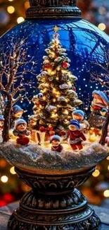 A festive snow globe with a decorated tree and joyful characters inside.