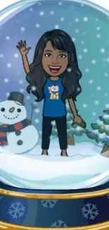 Cartoon character in a festive snow globe with snowman and holiday trees.