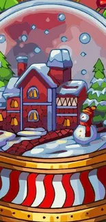 Colorful snow globe with winter village inside, surrounded by festive elements.