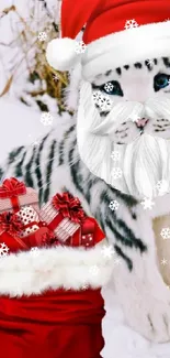 Snow leopard in Santa hat with red gift sack on snowy background.