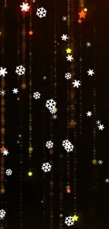 Festive falling snowflakes with stars on a dark background wallpaper.