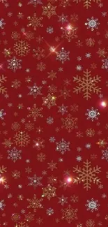 Red festive wallpaper with gold snowflakes and stars.