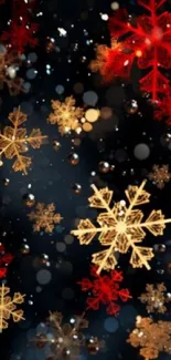 Golden and red snowflakes on a dark background mobile wallpaper.