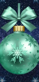 Green ornament with snowflakes on starry background wallpaper.