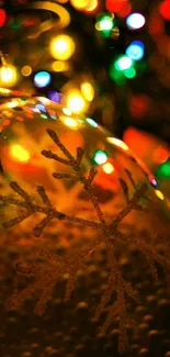 Colorful Christmas snowflake ornament with festive lights.