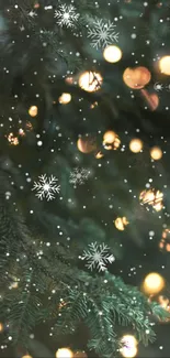 Mobile wallpaper with snowflakes and glowing festive lights on dark green background.