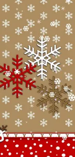 Festive snowflake wallpaper with red, white, and gold hues.