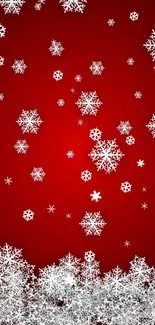 Red wallpaper with elegant white snowflakes cascading down.