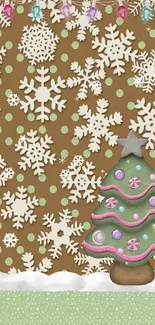 Whimsical Christmas tree with snowflakes on a festive wallpaper.