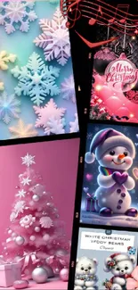 Vibrant Christmas-themed wallpaper with snowflakes, snowman, and a pink tree.