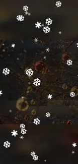 Snowflakes and decorations on dark background wallpaper.