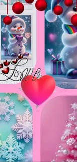 Festive snowman with hearts and love theme on pink background.