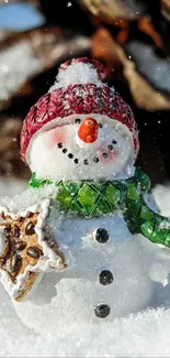 Cute snowman with pine cone in snowy landscape.