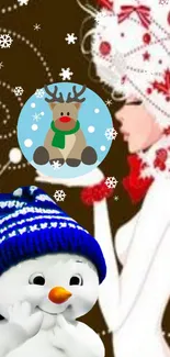 Snowman with a reindeer and winter festive background.