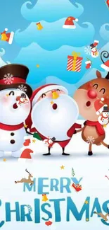 Festive wallpaper with snowman, reindeer, and Santa under snowy trees.