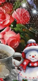 Festive wallpaper with snowman, roses, and coffee.