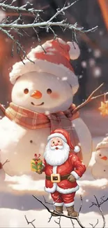 A festive scene with a snowman and Santa in winter setting.