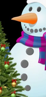 Snowman with scarf beside a festive Christmas tree.