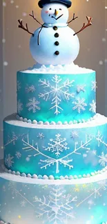 Snowman on festive cake with snowflakes, perfect winter wallpaper.