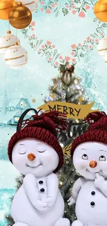 Charming snowmen with Christmas tree and ornaments in a festive scene.