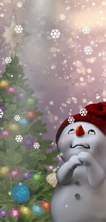 Festive snowman beside a decorated Christmas tree.