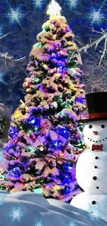 Festive wallpaper featuring a snowman and Christmas tree with lights.