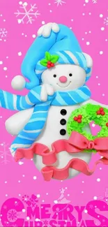 Cheerful snowman Christmas wallpaper with pink background.