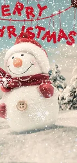 Snowman with red scarf and 'Merry Christmas' text on a snowy landscape.