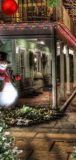 Charming Christmas scene with snowman and festive lights in a cozy outdoor setting.