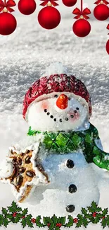 Decorative snowman with Christmas ornaments in snowy background.