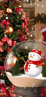 Christmas wallpaper featuring a snowman in a snow globe and decorated tree.