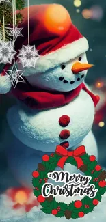 Cheerful snowman with Santa hat and Christmas decorations.