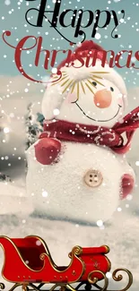 Cheerful snowman with a red scarf in a snowy Christmas setting with sleigh.