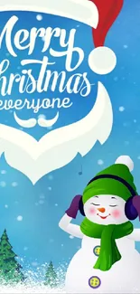 Festive wallpaper with snowman and Merry Christmas text.