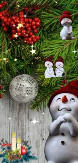 Festive Christmas wallpaper with snowman and decorations.