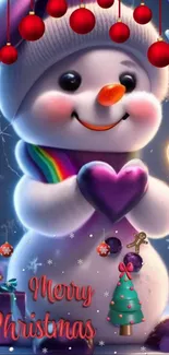 Snowman with heart and Christmas decor in vibrant colors.