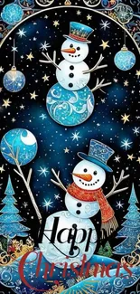 Cheerful snowmen with ornaments on a starry Christmas night.