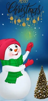 Snowman with Christmas tree and starry background.