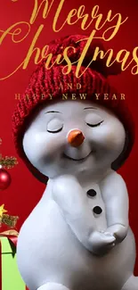 Cheerful snowman with Christmas tree and gifts on a rich red background.