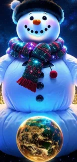 Festive snowman with cosmic galaxy background.