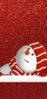 Festive snowman on glittery red background wallpaper.