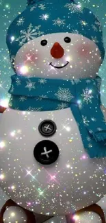 Sparkling snowman with teal hat and scarf, festive and glittery.