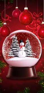 Snowman in a globe with red ornaments and festive greenery.