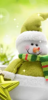 Cheerful snowman with green hat and scarf against a vibrant green background.