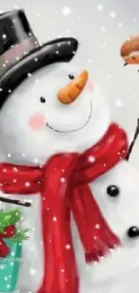 Festive snowman with bird mobile wallpaper.