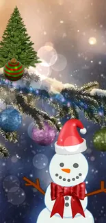 Cheerful snowman with Christmas decorations and tree in winter scene wallpaper.