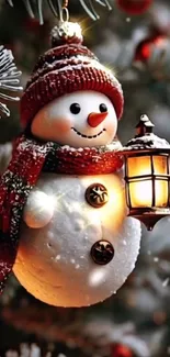 Cheerful snowman holding a lantern against a festive holiday background.