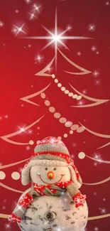 Snowman with hat and scarf on red Christmas tree background.