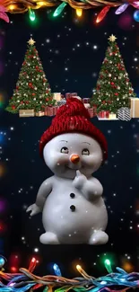 Cute snowman with holiday lights and trees.